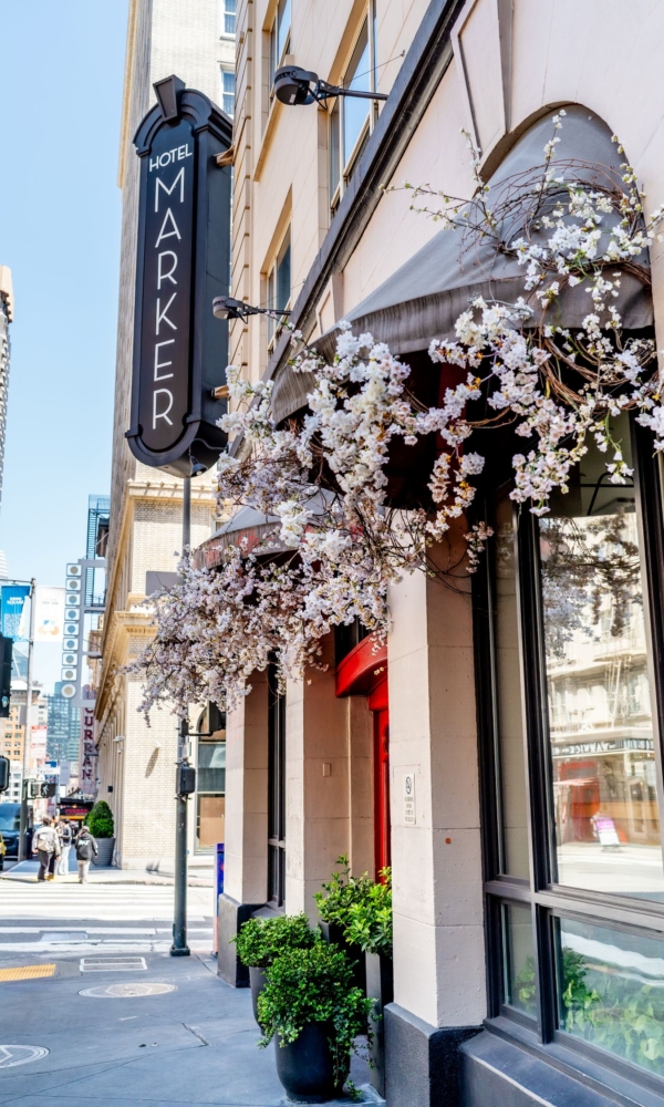 exterior of The Marker dressed with blossoms