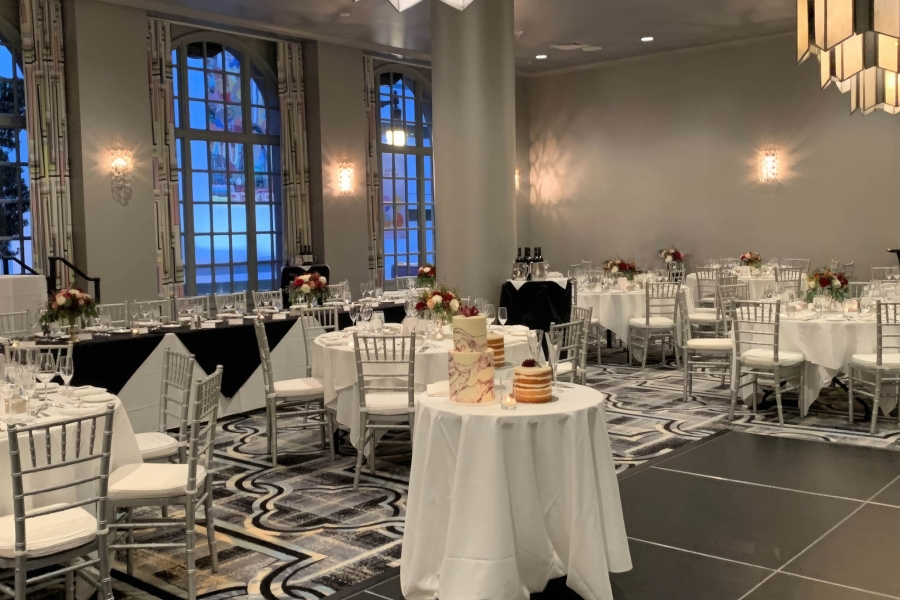 Tabels and chairs set up for a event in the Bellevue ball room at The Marker