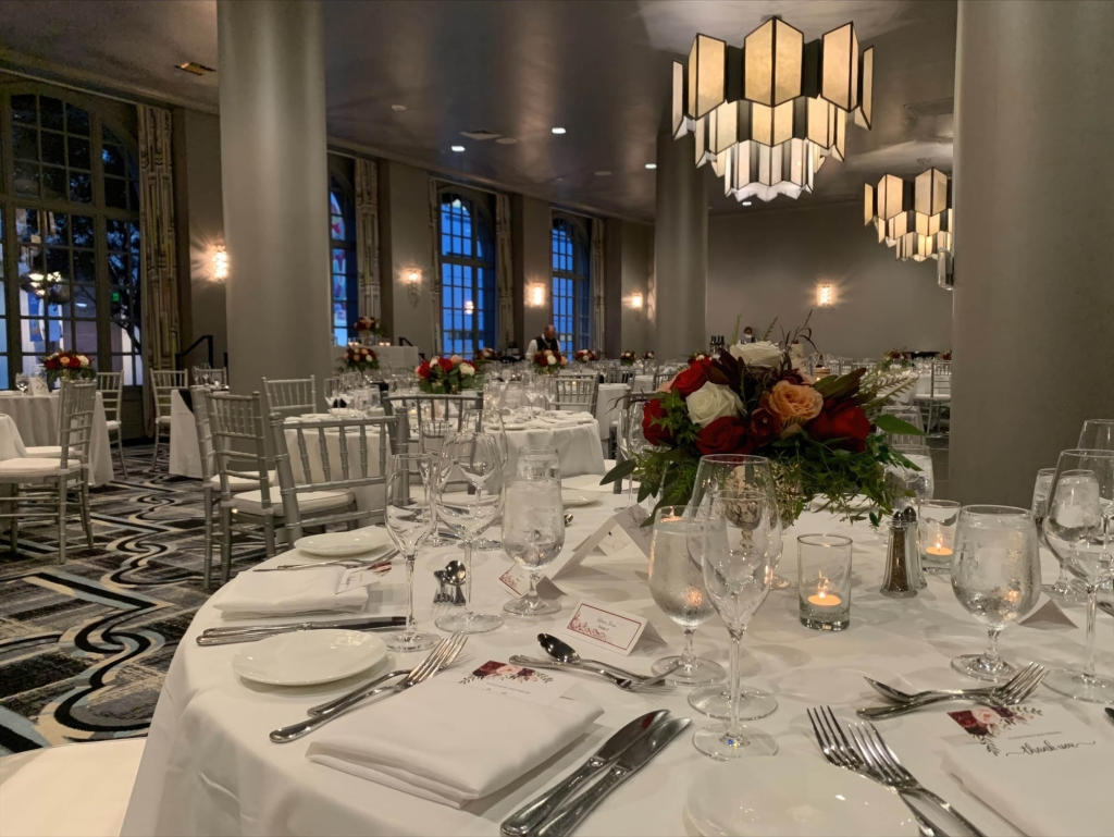 Bellevue ball room with the tables all decorated for service