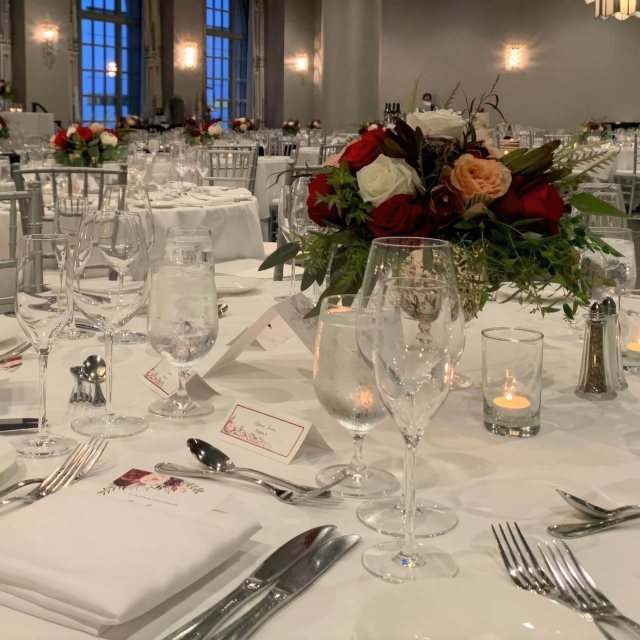 Close up of a table in the Bellevue ballroom at The Marker prepared for a dining session