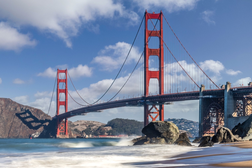 golden gate bridge in san francisco view from below on beach