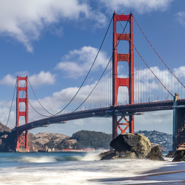 golden gate bridge in san francisco view from below on beach